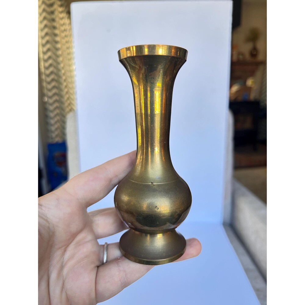 Vintage Solid Brass Bud Vase | Hourglass Trumpet Flower Vase Mid Century Modern
